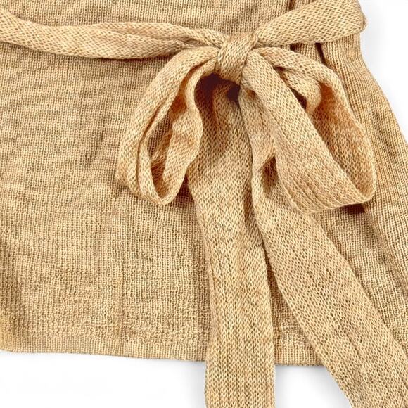 Susana Monaco Belted V-Neck Wool Sweater QuietLuxury L Camel Buttons Pointelle - Picture 10 of 12